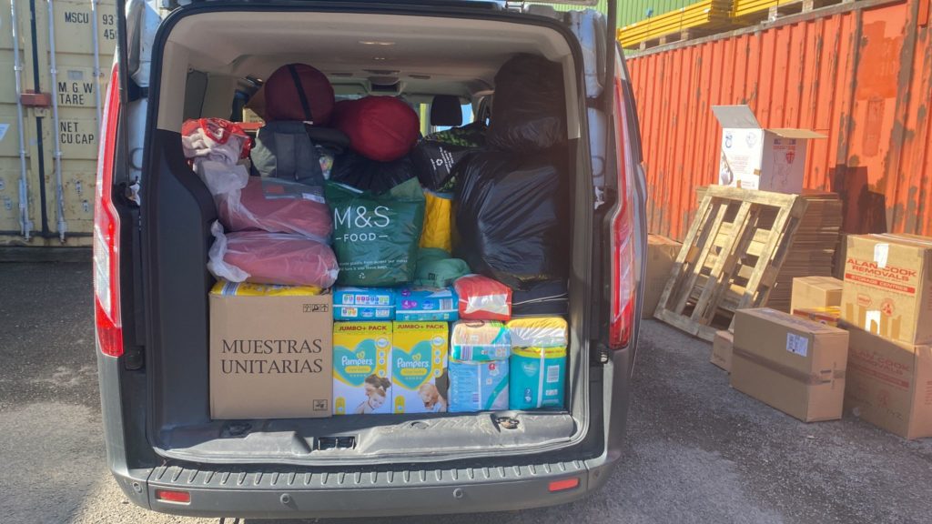 The rear door of a Minibus is pictured open and full of items to be donated for people affected by the Russia-Ukraine War.