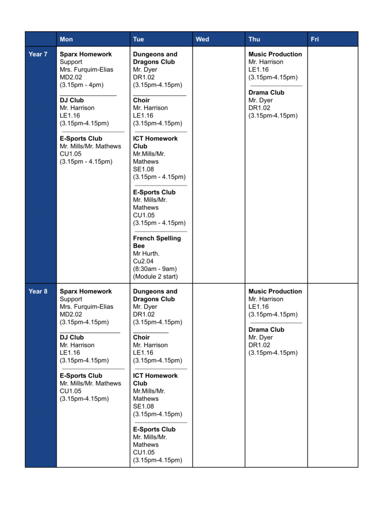 School Clubs M1 & 2 2024-25 page 1